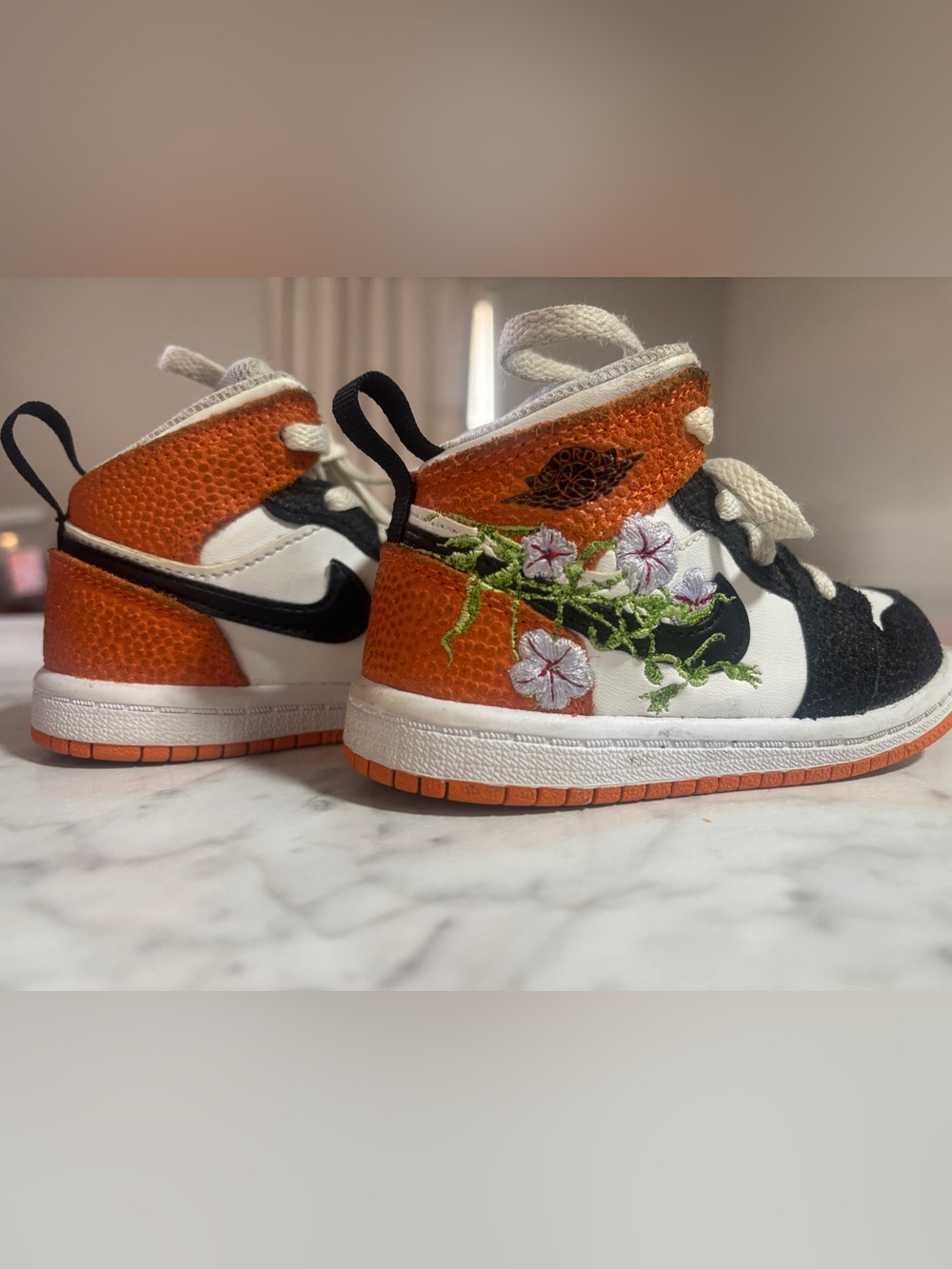 Nike Kids' Orange, Black & White Floral Embroidered High-Top Sneakers 7C